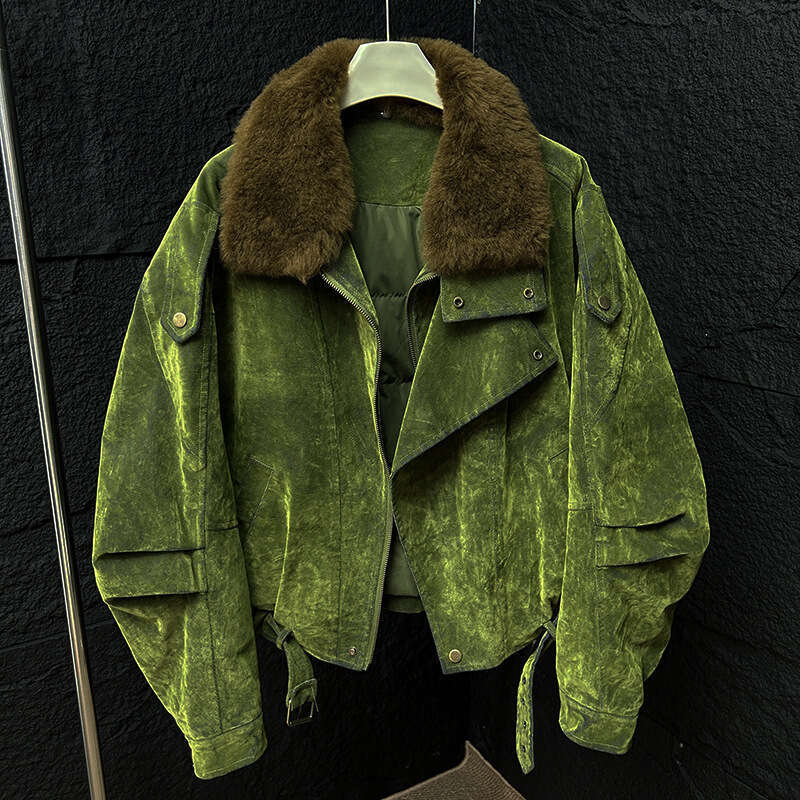 2025 Vintage Brown Distressed Denim Flocked Fabric White Goose Down Iceland Wool Collar Parka Jacket