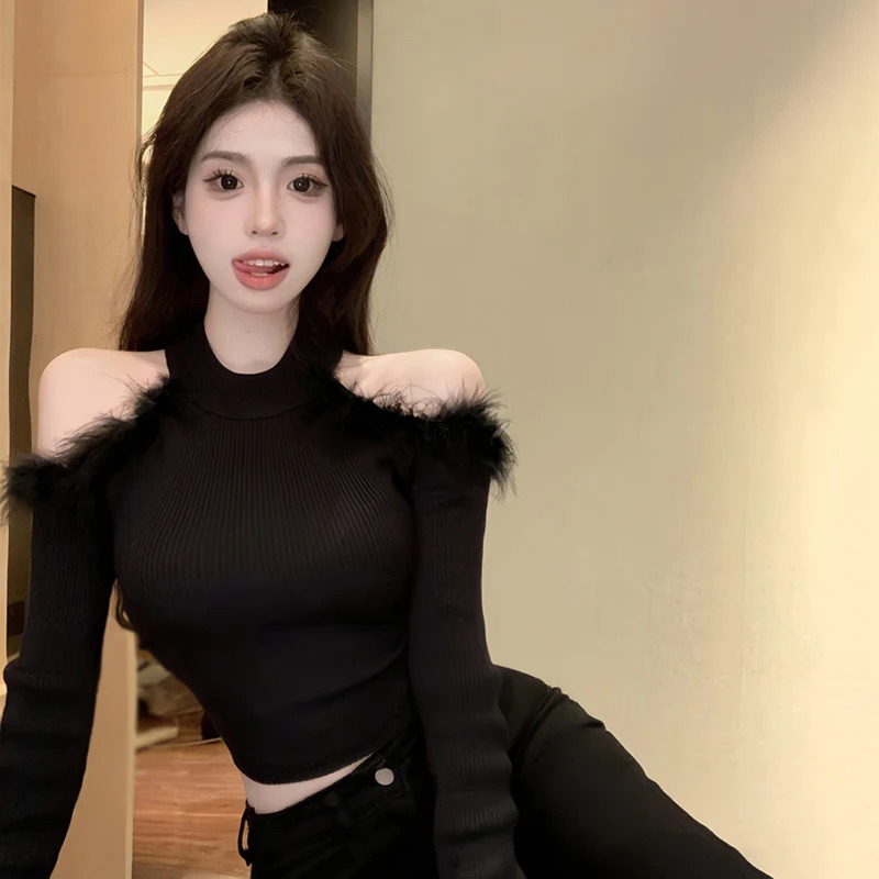 Autumn Winter Long Sleeve Half High Collar Splice Plush Sweaters Hollow Out Shoulder Pullover Knitted Solid Color Y2k Streetwear 251016