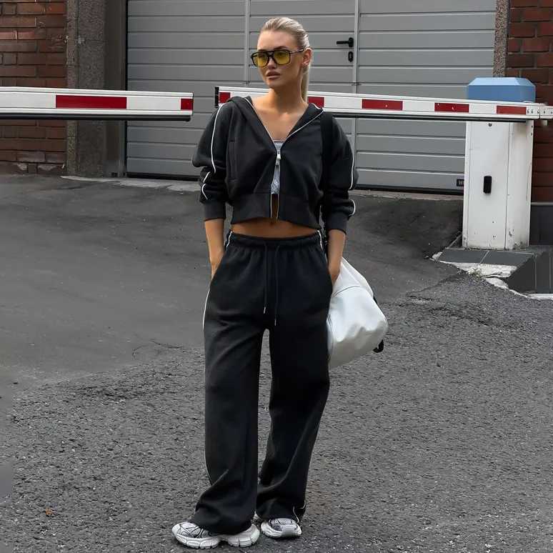 Pants Suit Women 2 Piece Sets Sweatshirt Coat Striped Trousers Sporty Outfits Lace Up Tracksuit Jackets Ensemble Autumn 2025T251022