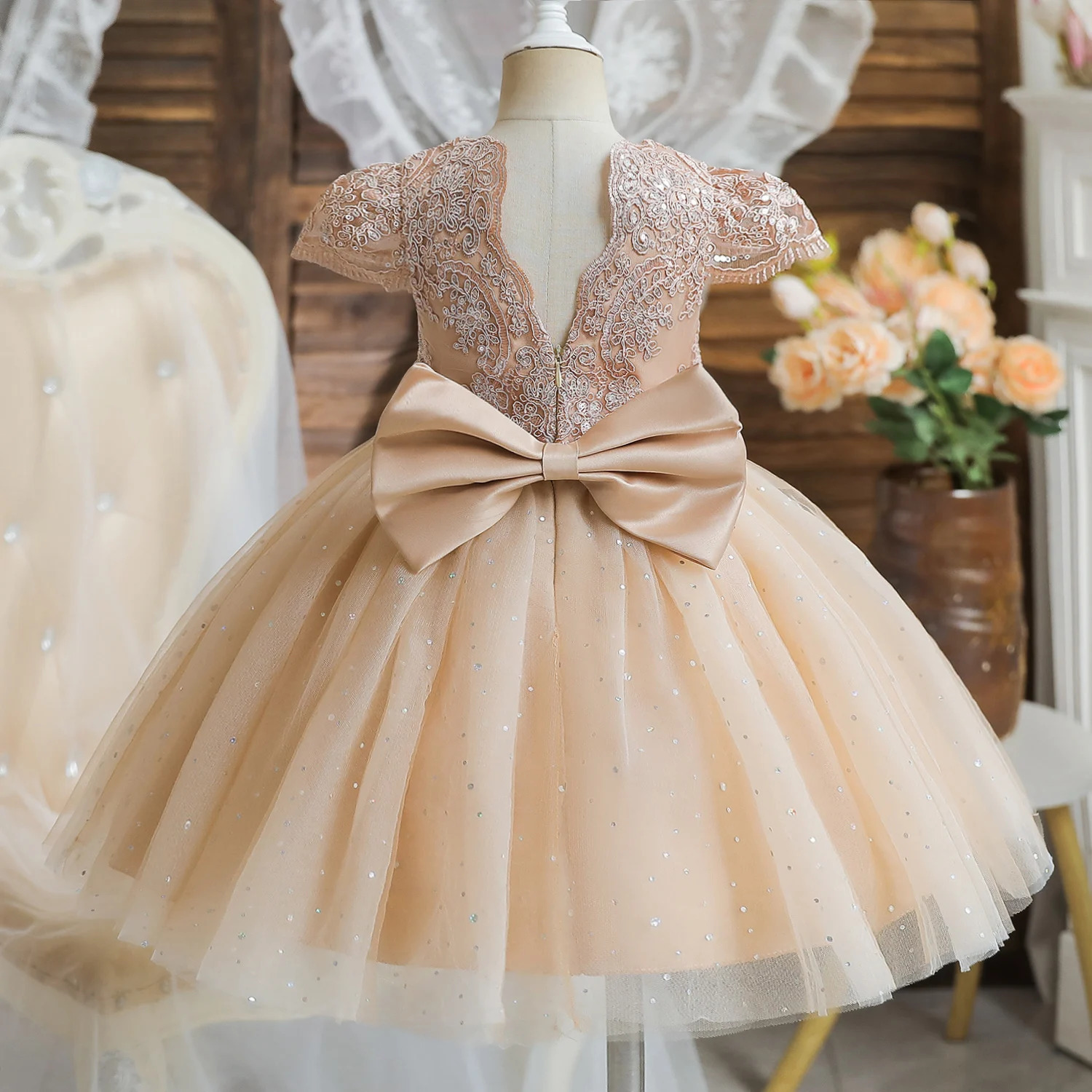 Toddler Girls 1st Birthday Party Dresses Cute Bow Kids Princess Lace Tulle Short Dress Flower Girls Dresses for Wedding 15 Year 251021