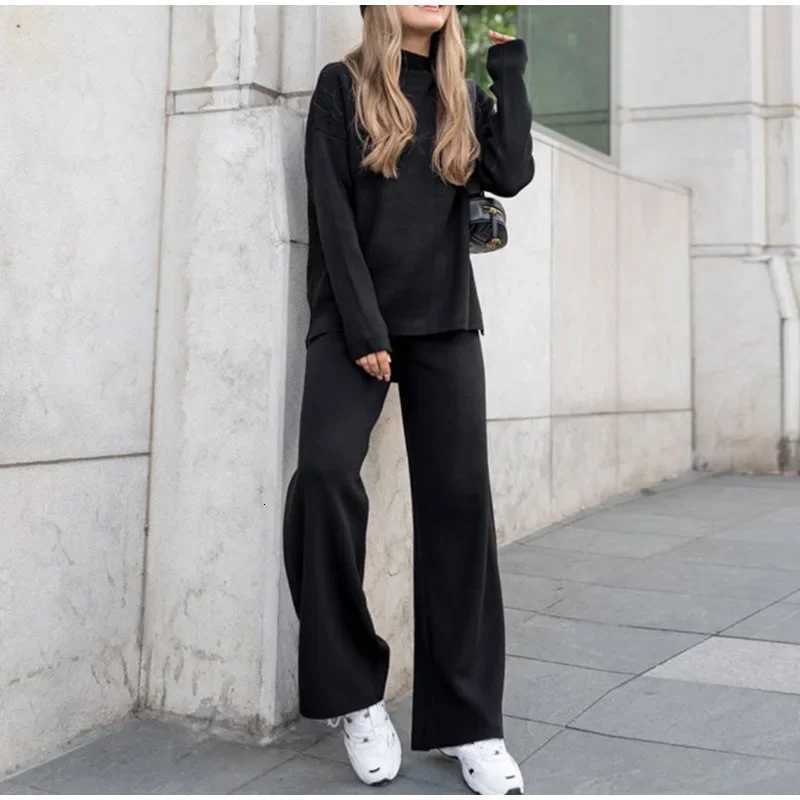 Split Turtleneck Women Sweater Suit Winter Solid Loose Casual Wide Leg Pants Female Two Piece Set 2024 Elegant Knit Tops OutfitsT251022