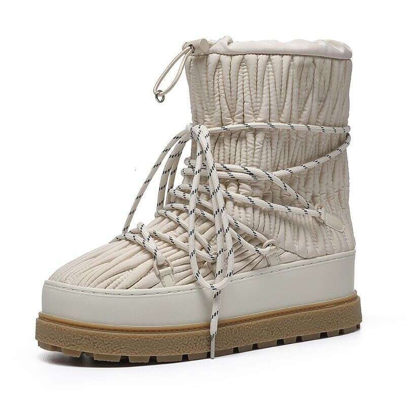 2025 New Style Wrinkled Nylon Lace-Up Thick-Soled Mid-Calf Ski Thickened Fleece-Lined Warm Snow Boots