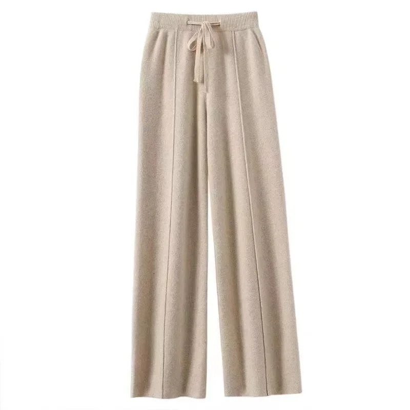 Women Merino Wool Knitted Wide Leg Pants Autumn Winter Basic Soft Warm Cashmere Knit Trousers Casual Simple Style Korean 251022