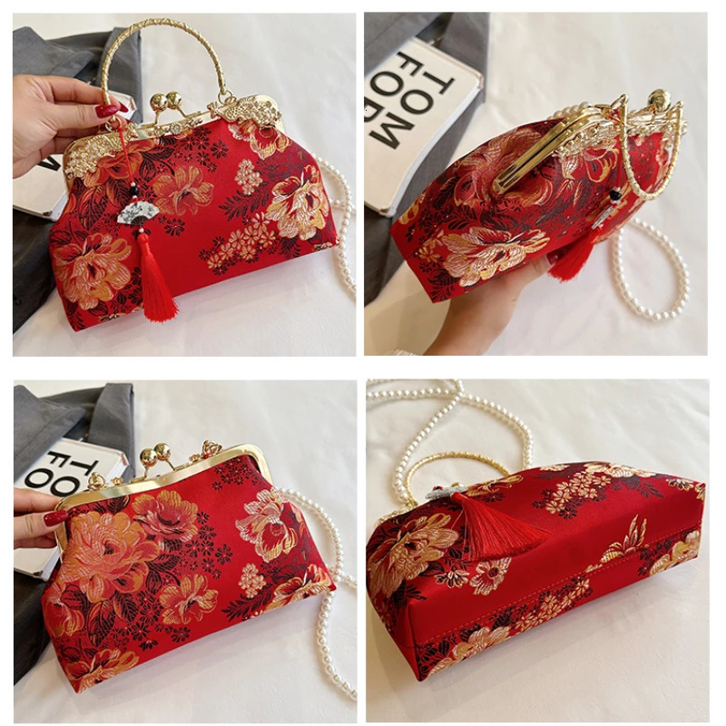 Chinese Style Embroidered Snapbutton Shoulder Bags Cheongsam Traditional Exquisite Womens Handbag Red Bridal Pearl Wedding Bag 251018