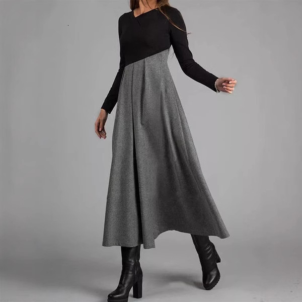 New fashion designer autumn and winter wool dress color blocked V-neck long sleeved applique flared skirt for women long sleeved