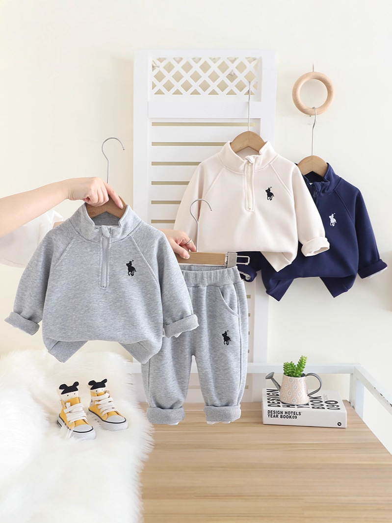 2025 New Boys 2-Piece Set, Stand Collar Embroidery Pullover Hoodie Outfit, Spring Autumn Casual Wear for Toddler Baby