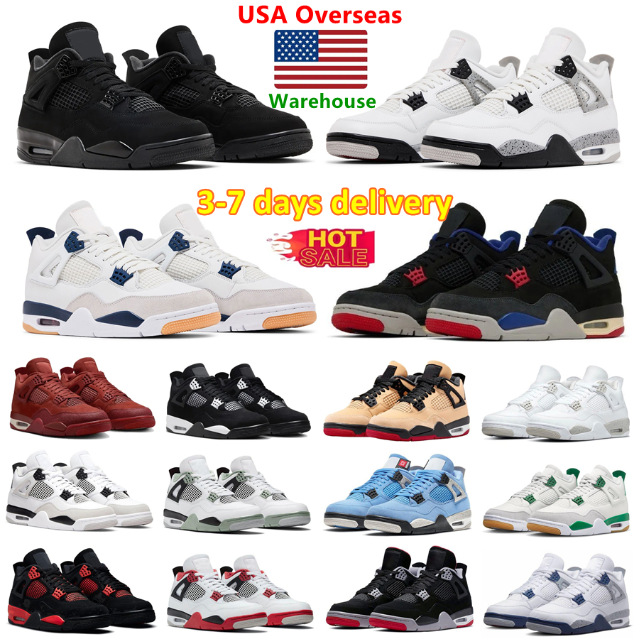 Local Warehouse in the US Designer Black Cat 4s Basketball Shoes Men 4 Sneakers University Blue Red Thunder Cool Grey Bred Navy Sports Women Trainers Big Size 14 15 16