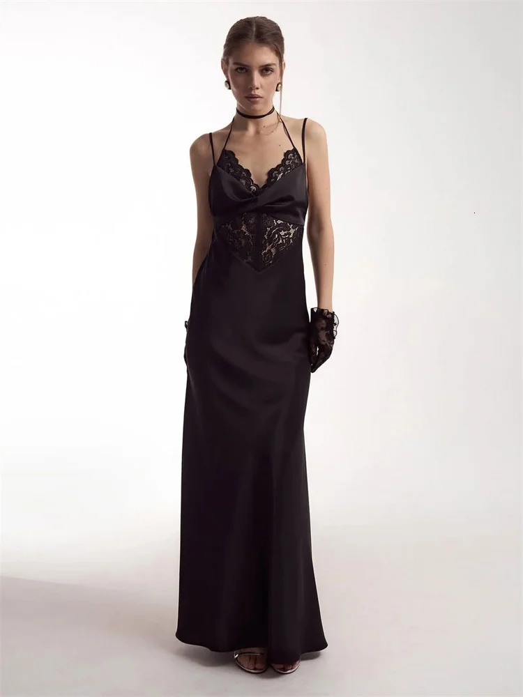 Tossy Sexy Lace Hollow Out Maxi Dress Female Backless Spaghetti Slim VNeck Hollow Out Commute Dress Summer Halter Dresses 251021