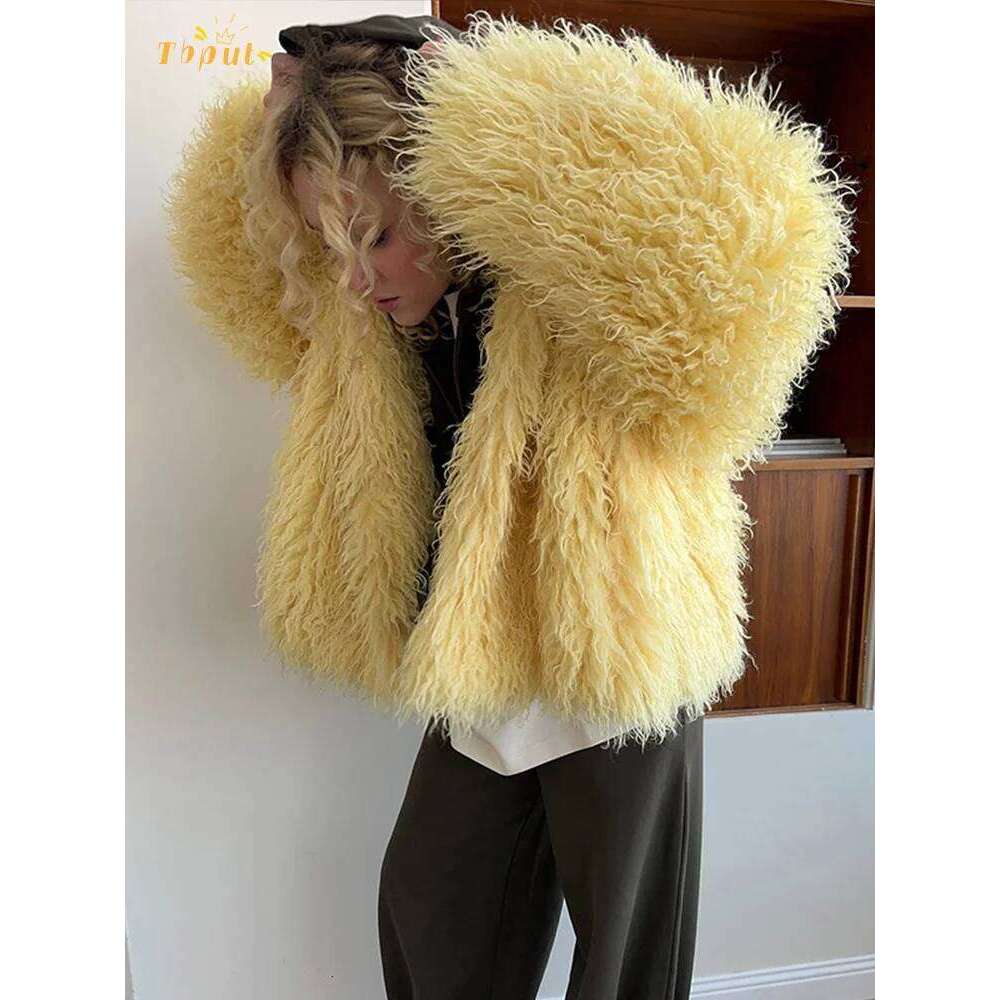 Solid Yellow Faux Fur Jacket Women Fashion Lapel Long Sleeve Loose Fluffy Short Coat 2025 Winter Lady High Street Warm Outerwear