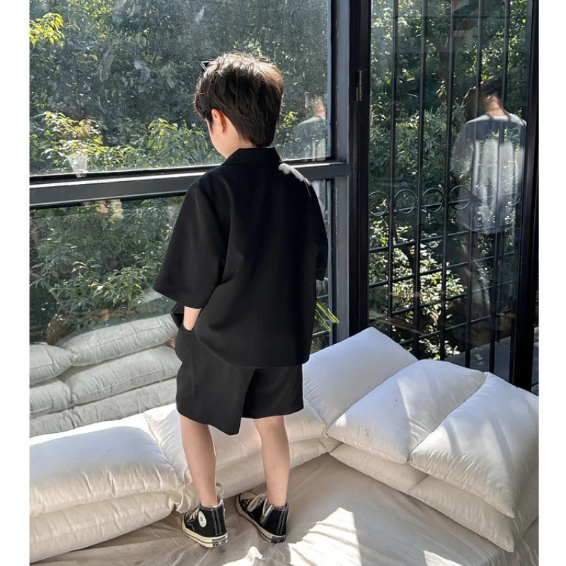 Boys Summer Suit Set Korean Style Black Short Sleeve Blazer Shorts Outfit 2Piece Casual Loose Formal Wear for Kids Age 38 Year 251021
