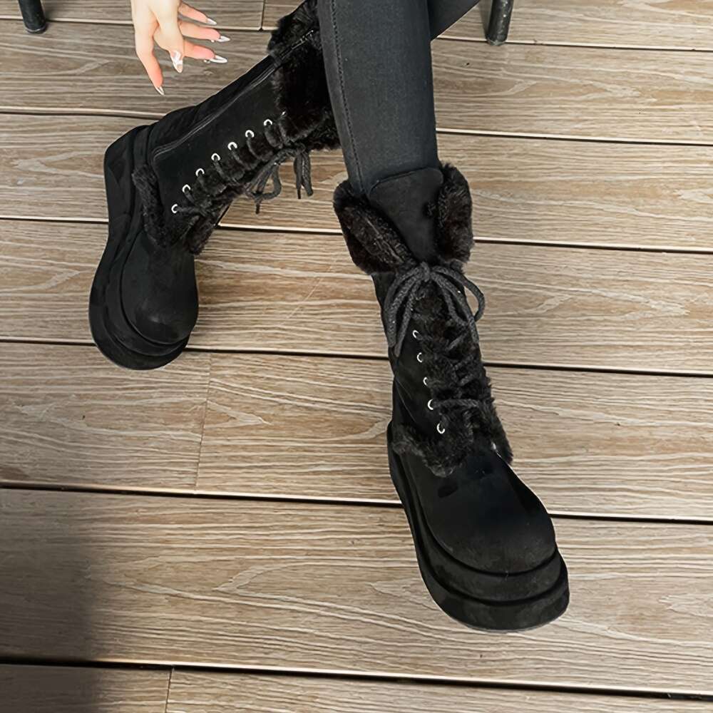 Faux Fur Suede Women's Snow Wedges High Heeled Platform Winter Warm Plush Shoeslace Sweet Cute Furry Fluffy Mid Calf Boots For Woman Shoes