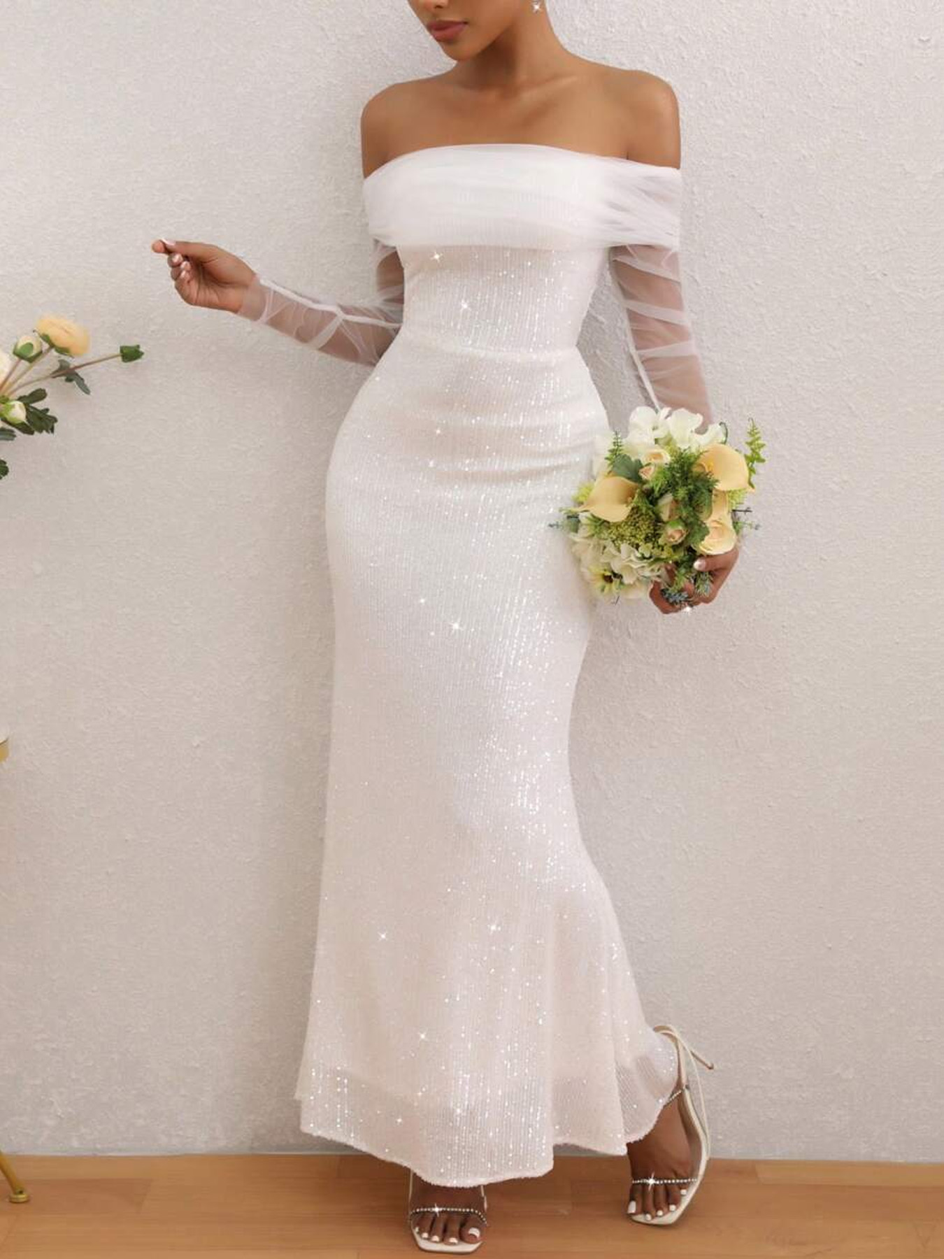 Women's Mememe Brand Off-Shoulder Mesh Long Sleeve Mermaid Wedding Dress, Slim-Fit Bridal Gown (S-XL, White)-D200