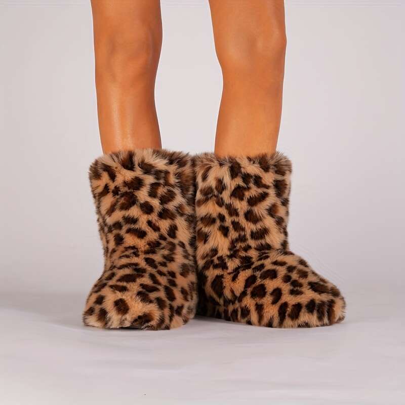 European And American Cross-Border New Style Long-Haired Women's Winter Y2k Hot Girl Fashion Warm Thick-Soled Mid-Calf Boots, Leopard Print Snow 
