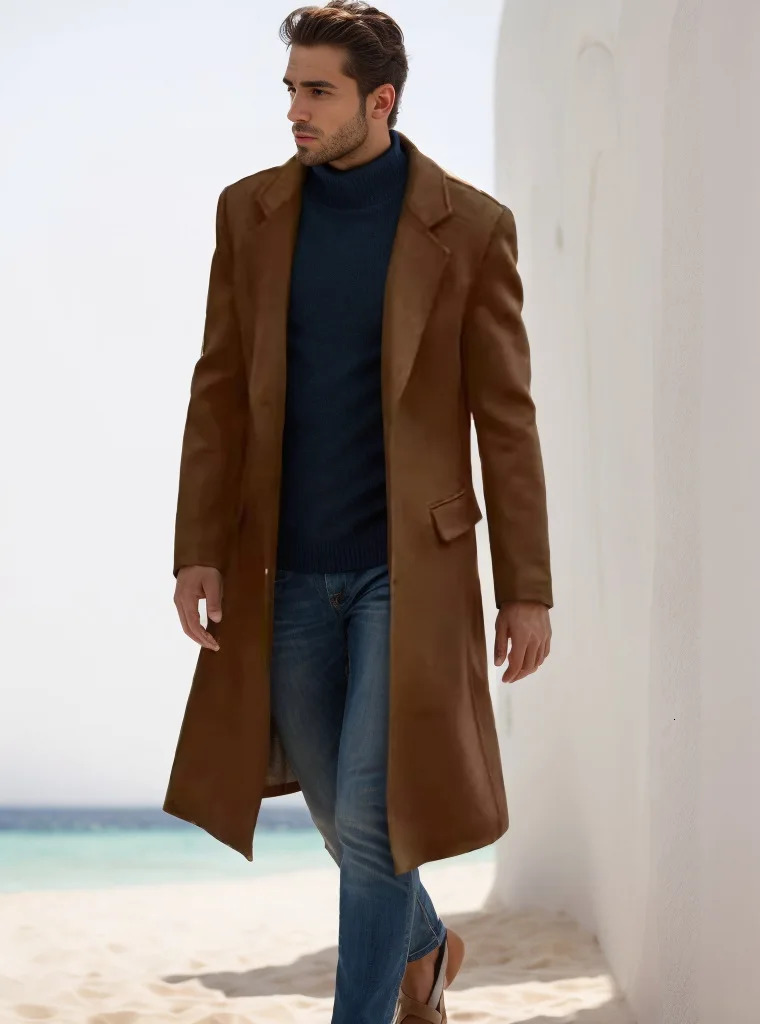 High Quality British Mens Long Windbreaker Woolen Coat Casual Autumn Winter Fashion Outwears 251017