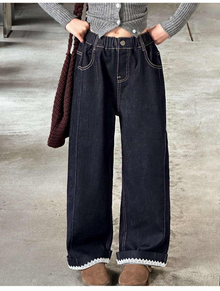 Free Shipping luxury kids pants Girls Wide Leg Jeans with Lace Ruffle Detail, 2025 New Fall Loose Straight Leg Pants, Fashionable Jeans for Big Girl T