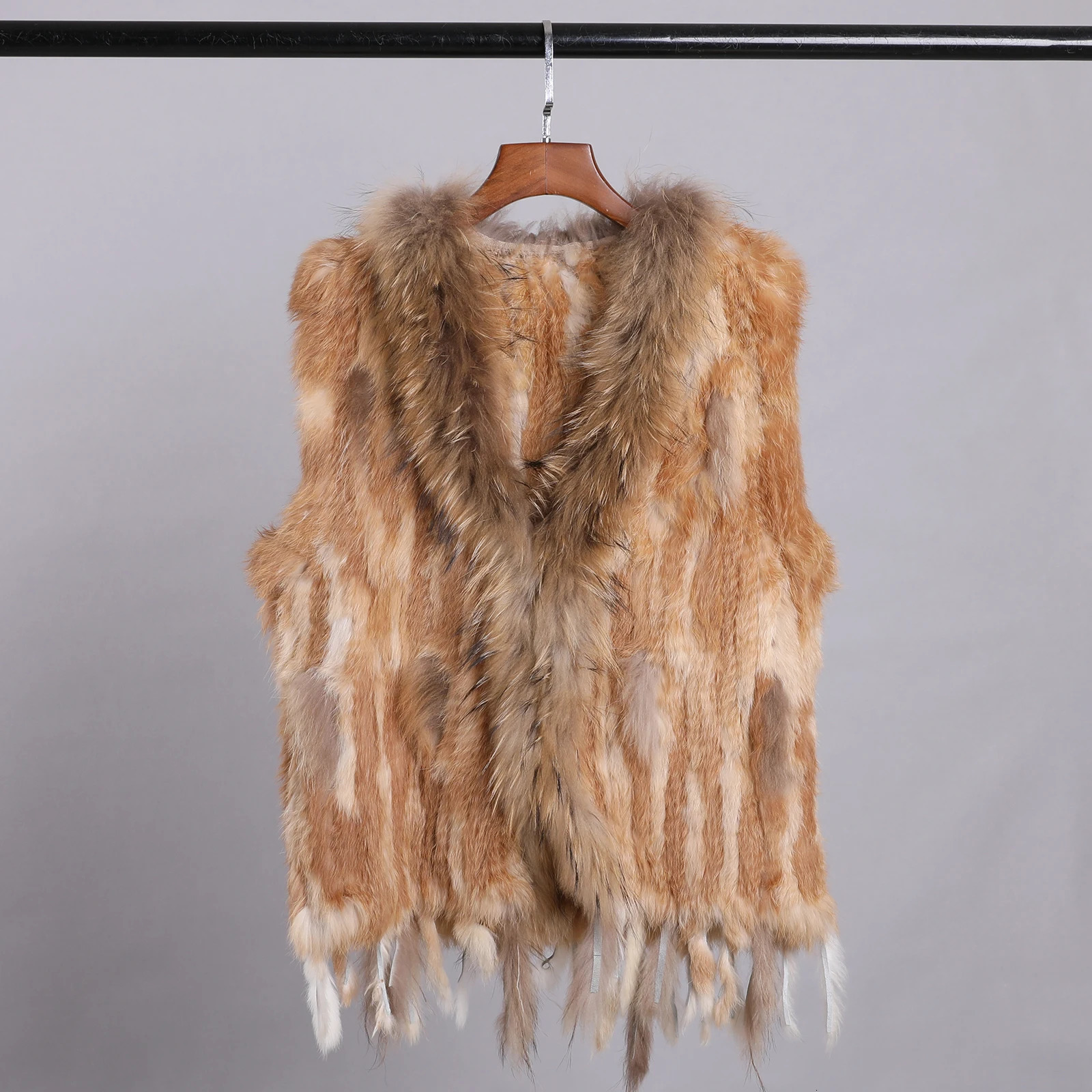 BOONJOVIA Womens 100 Rabbit Fur Knitted Vest Raccoon Fur Trim Collar Gilet Lady Fashion Waistcoat For Autumn Winter 251017