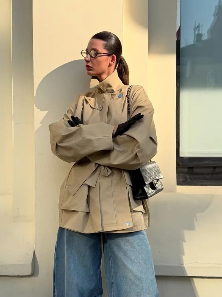 Single Breasted Khaki Belt Trench Coat Women Elegant Lapel Long Sleve Pockets Windbreaker Jacket Autumn Lady Daily Street 251021