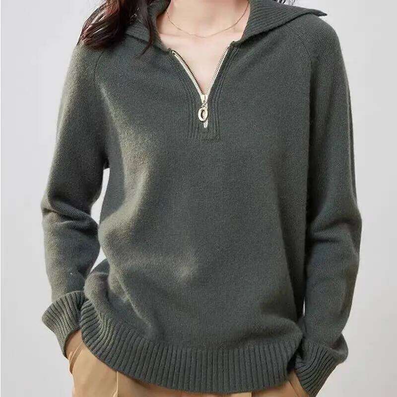 Pure Cashmere Women's Pullover Polo Collar Loose New Large Lapel Thickened Bottoming Sweater 251022