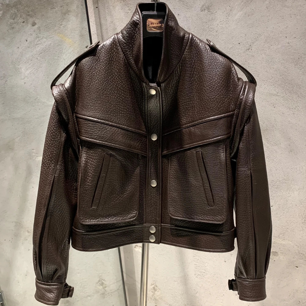 Grained Leather Jacket Ladies Biker Coat Detachable Sleeve Bomber in Sheepskin H021 251017