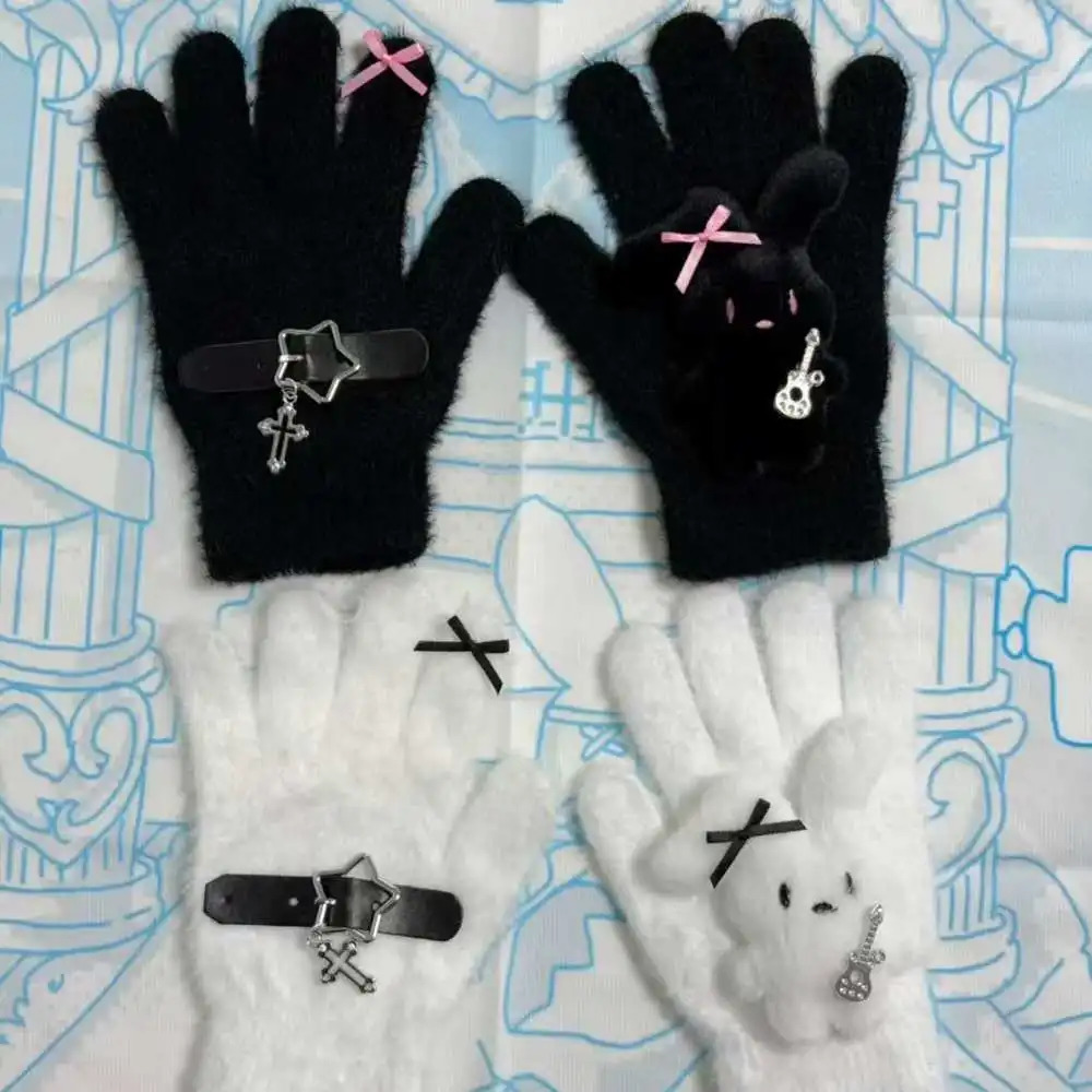 Y2K Star Rabbit Cross Gloves Cute Bunny Sweet Knitted Winter Warm Thickened Kawaii Cycling Fullfinger Glove Women JK Accessories 251021