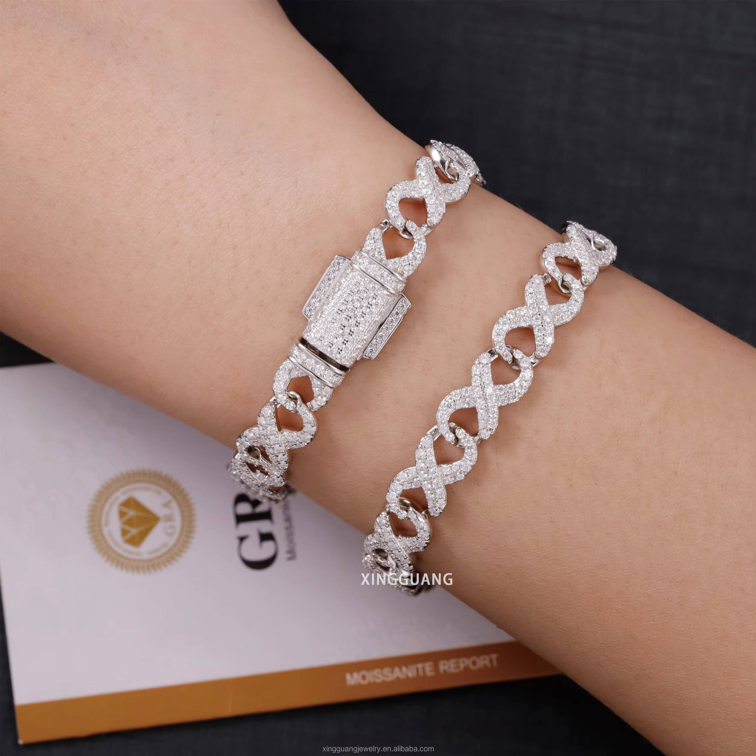 Hip Hop Bracelet 8MM Wide Infinity Chain Bracelet Iced Out VVS Moissanite Diamonds S925 Sterling Silver Cuban Bracelet Jewelry