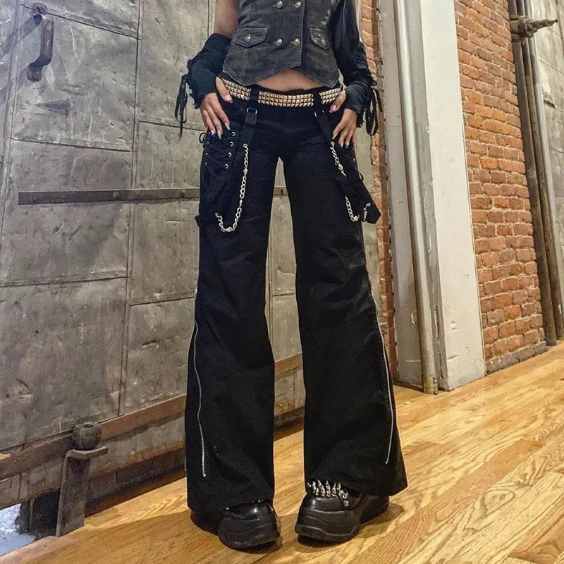 Women Pants Hip Hop High Waist Bandage Streetwear Rivet Trousers Goth Dark Gothic Grunge Black Harajuku Punk Wide Leg 251017