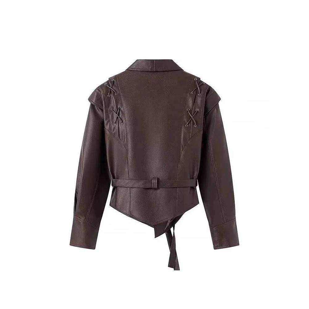 Mauroicardi Spring Autumn Short Retro Brown Pu Leather Jacket Women Sashes Lace Up Designer Emo Clothes European Fashion