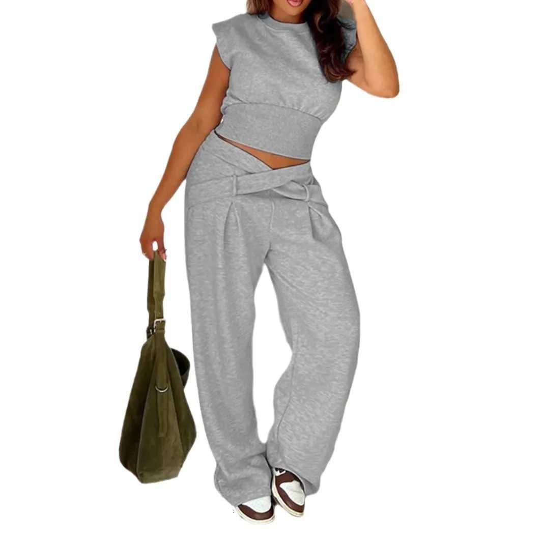 Daily Grey TwoPiece Set For Women Casual Round Neck Vest Jacket Paired With Loose WideLeg Trousers For A Fashionable StyleT251022