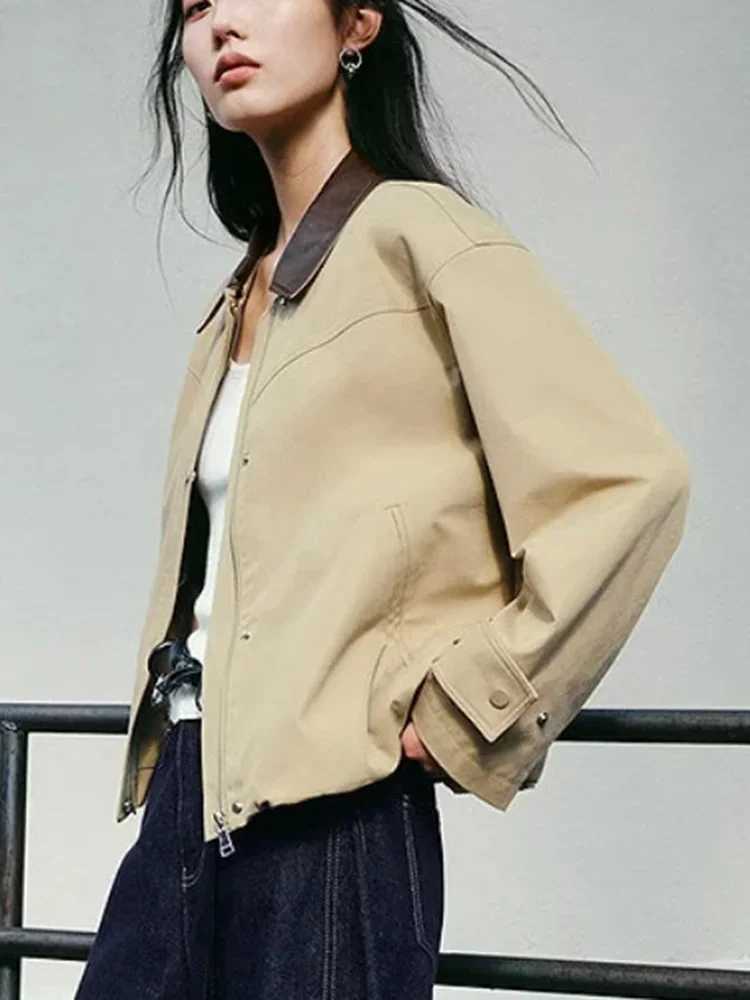 Korean Fashion Spliced Outerwears Women Casual Lapel Neck Zipper Loose Jackets Tops Spring Fall Long Sleeve Chaquetas Blusas New Y251105