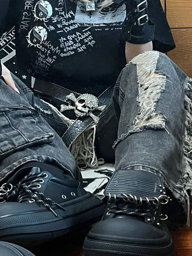 Vintage Grunge Jeans Woman Punk Hole Trousers Streetwear High Waist Wide Leg Y2k Aesthetic Baggy Denim Pants Pantalones Mujer 251017