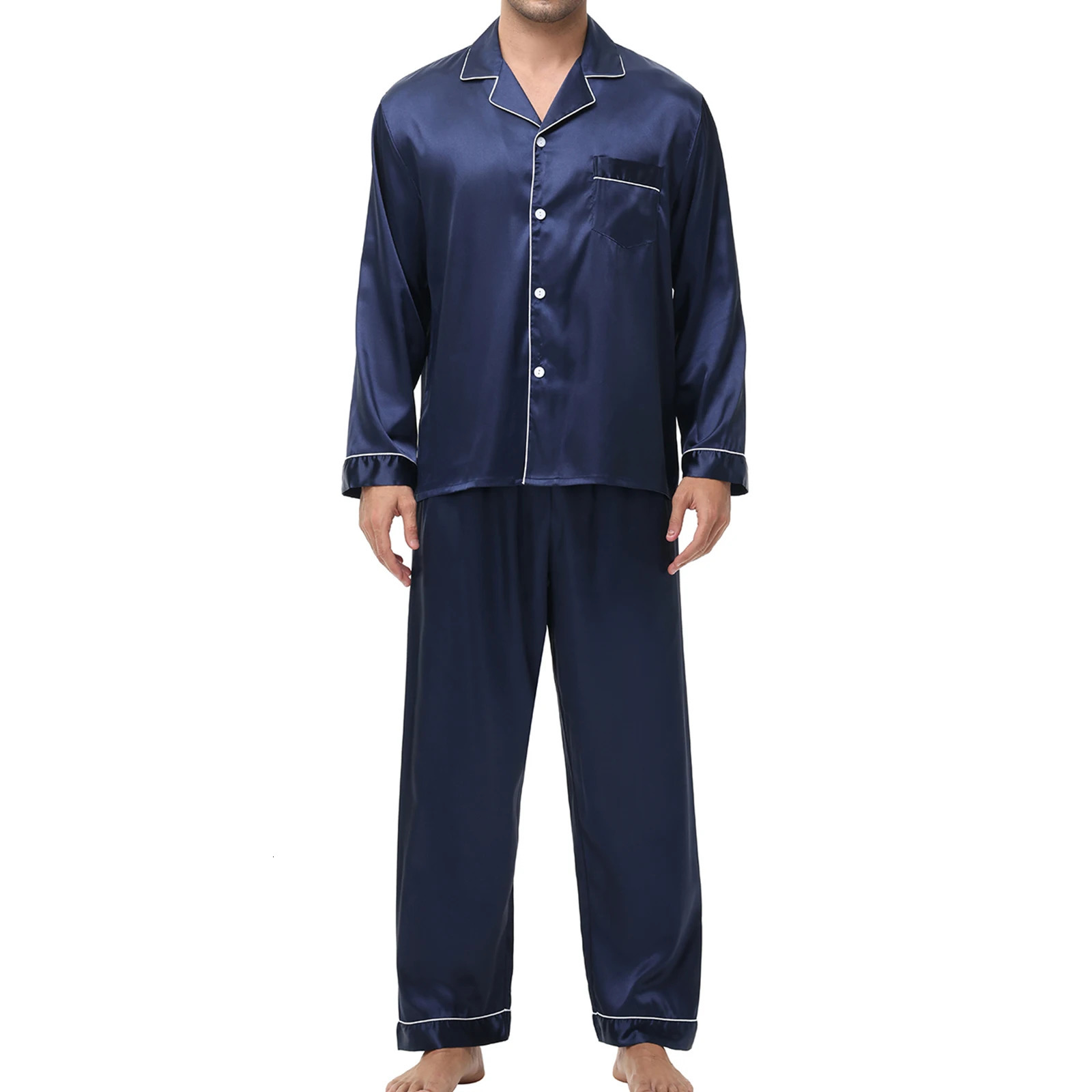 Mens Casual Sleepwear Ice Silk LongSleeved Pajamas Set Comfortable Twopiece Loungewear Male Autumn Winter Loose Homewear 251018