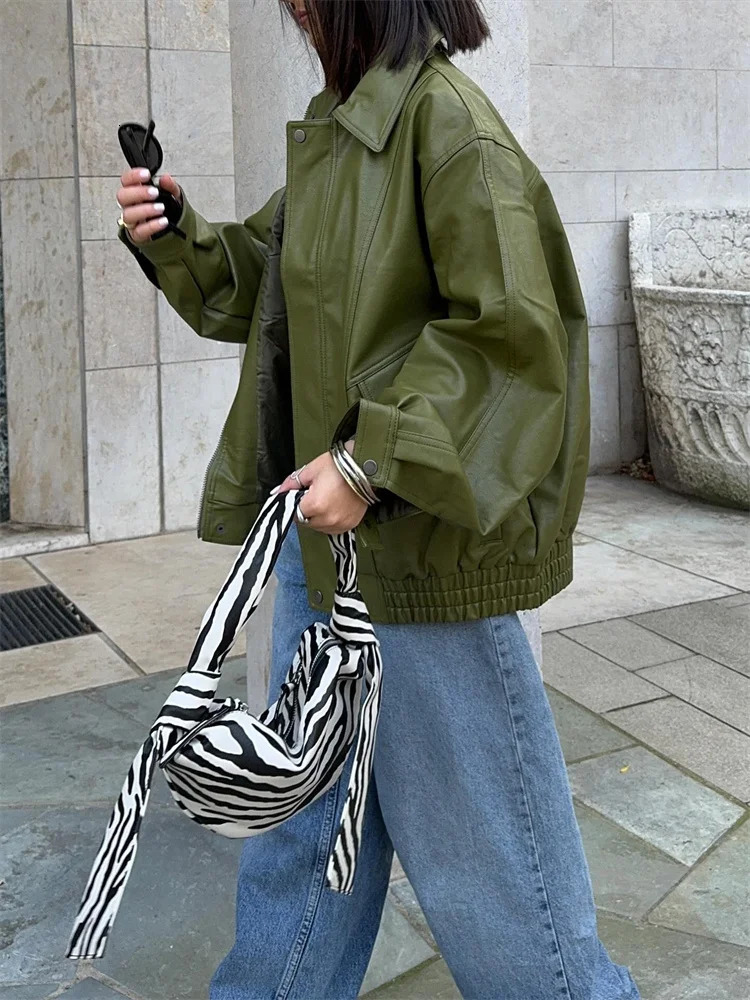 Green PU Leather Jacket Women Retro Laple Zipper Loose Full Sleeve Oversized Coat Female Fashion Lady Solid Streetwear 251021