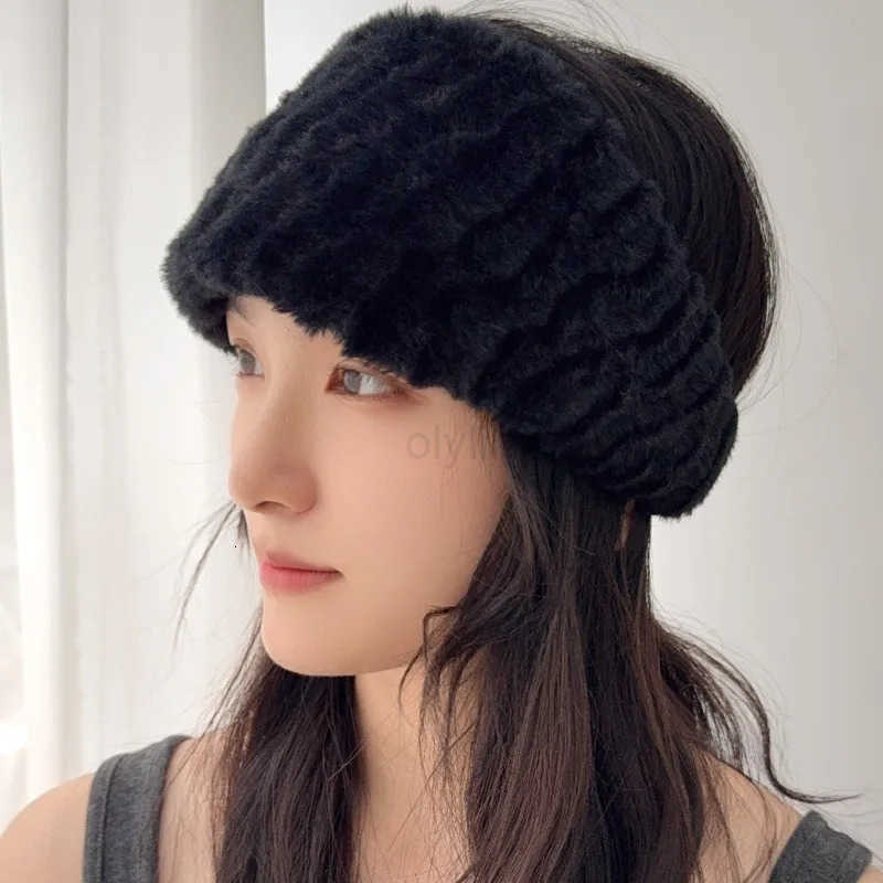 Winter Wide Headband Rabbit Fur Hairband Elastic Windproof Warm Ear Protection Women Hair Accessory for Cold Weather Styling M251022