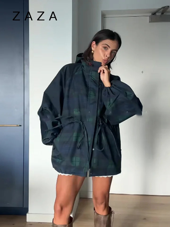 Women Vintage Grid Loose Jacket Oversize Loose Stand Collar Coat Long Sleeve Hoodie Lace Up Outwears Lady Streetwears 251016