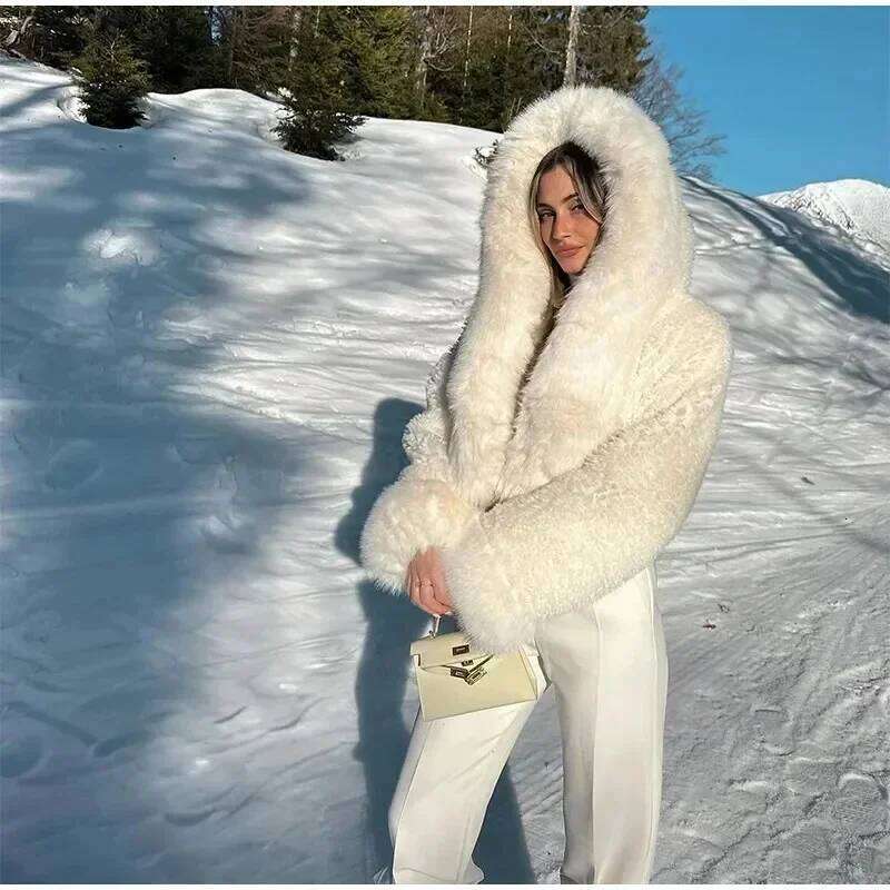 Casual Faux Fur Hooded Coat Women Fashion High Street Fluffy Big Collar White Snow Jackets Winter Warm Oversized Thick Outwear