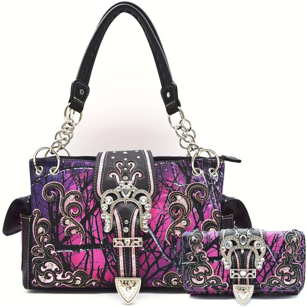 Women's Western Cowgirl Crossbody Bag Set Camouflage Crown Buckle, Rhinestone-Adorned Floral Shine Glow Design, Detachable Strap & Zipper Closure