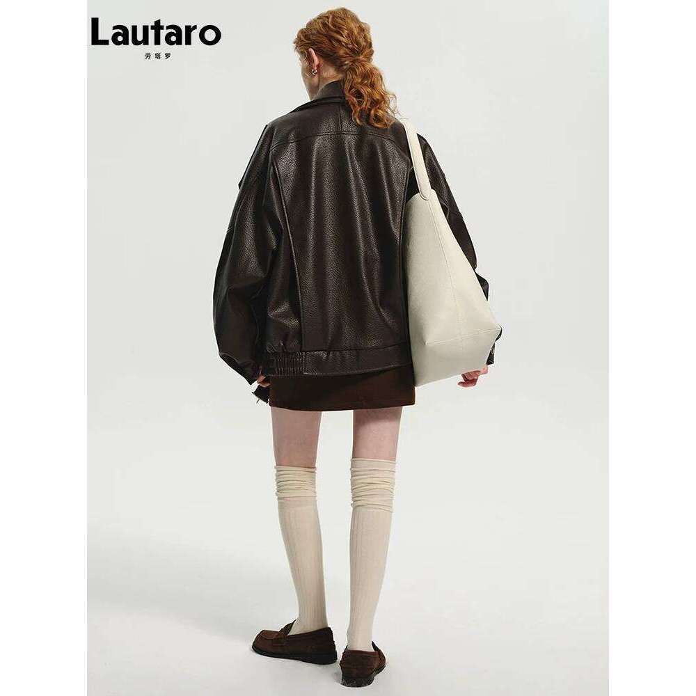 Lautaro Spring Autumn Cool Brown Oversized Pu Leather Jacket Women Long Sleeve Zip Up Designer American Retro Clothing