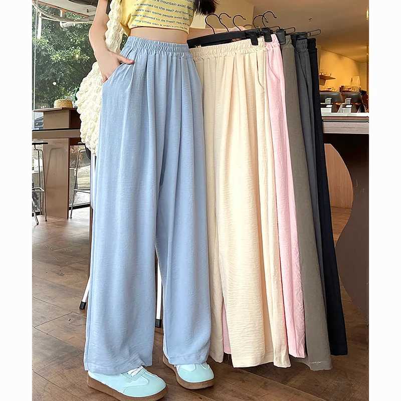 Summer Women Sweet Colorful Ice Silk Pants Lady Baggy Versatile Elastic Straight Leg Trousers Female Wide Leg High Waisted PantsT251022