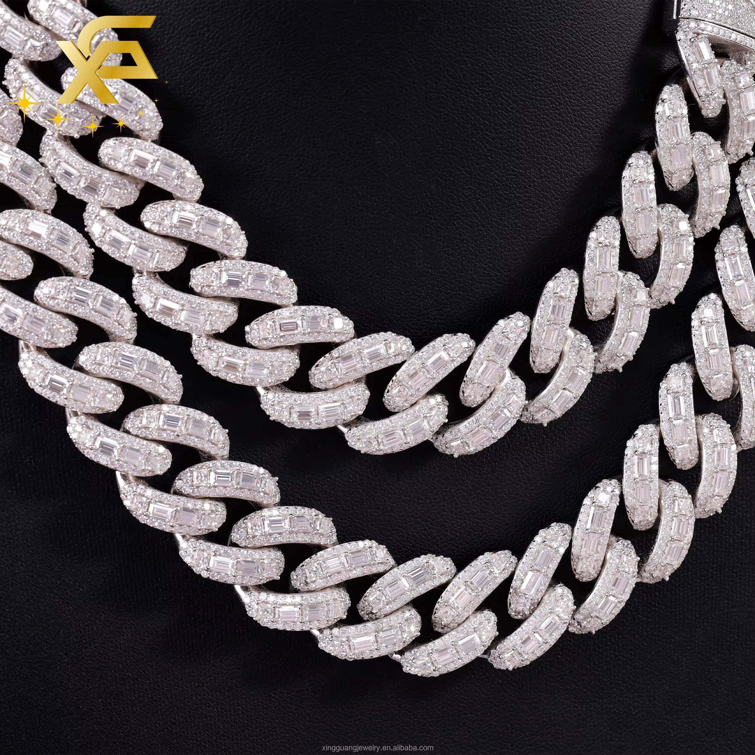 Hip Hop 20mm 18mm Wide Necklace Baguette Moissanite Diamond Heavy Silver Gold Plated Cuban Lidynamic Chain with GRA Certificate