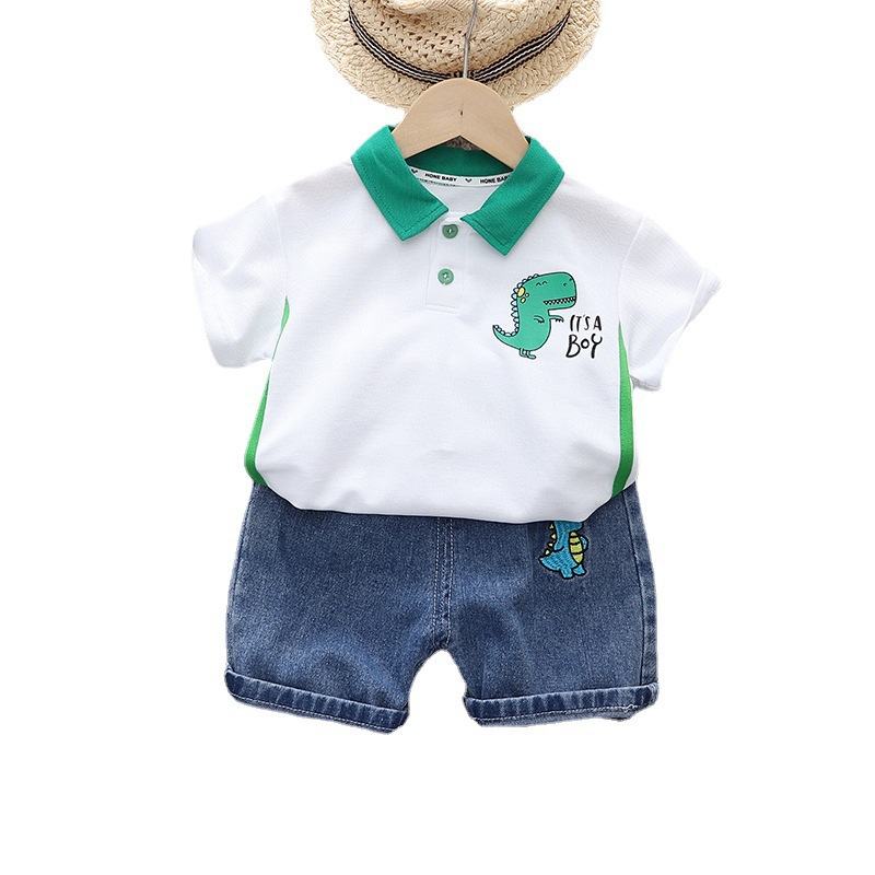 Free Shipping Dinosaur Print Boys 2-Piece Set, 2025 New Polo Shirt and Shorts Outfit, Summer Sports Clothes for Baby Boy