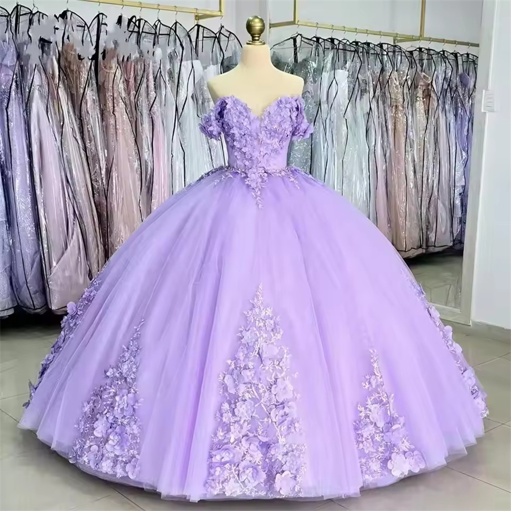 Ball Gown Quinceanera Dresses Lavender Off Shoulder Vintage Lace 3D Flower Plus Size Customized Princess Sweet 15 16 Birthday Party Gowns Vestidos De 