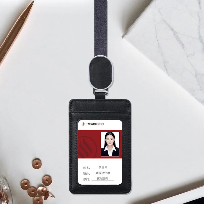 2025 Real Leather Work Card Cases ID Certificate Holder with Retractable Badge Reel Lanyard 251023