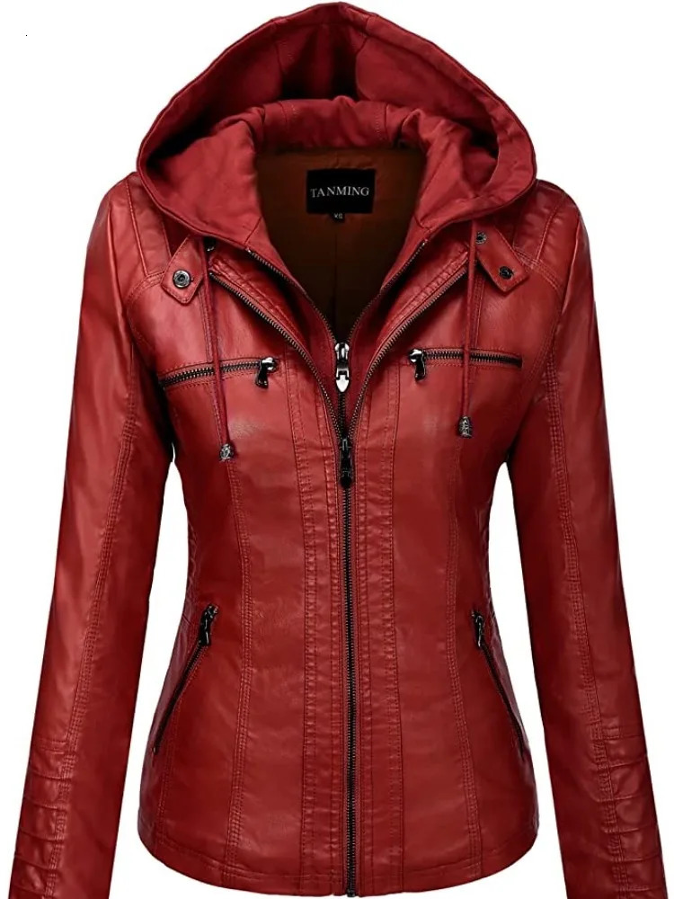 Hooded Leather Jacket TwoPiece Set Removable Large Size for Women Spring Fall Outwear Pu Washed 251017