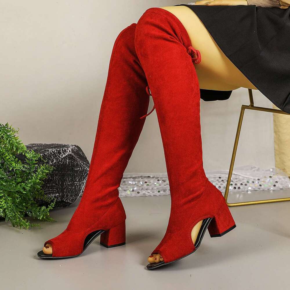 Stretch Boots With Chunky Heel, Peep Toe, And Heel Sandals For Casual Style, Hand Wash Or