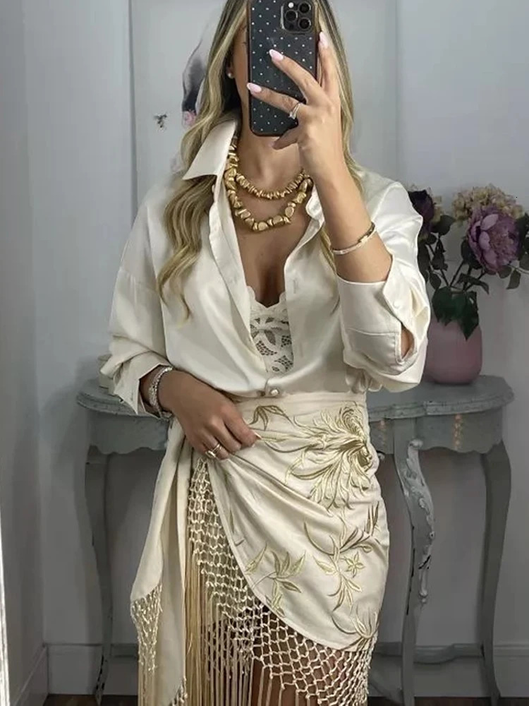 Elegant Print Tassel Splicing Midi Skirts Women Fashion Asymmetric Wrinkle Strap Bottom 2025 Summer Holiday Street Outfits 251022