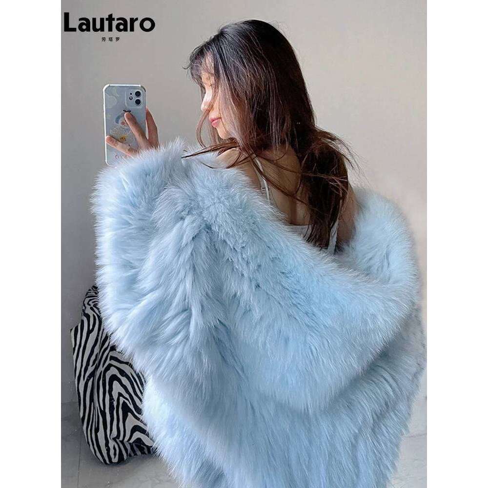 Lautaro Winter Shaggy Hairy Thick Warm Soft Colored Faux Fur Jacket Women with Hood Bat Sleeved Loose Casual Designer Clothes
