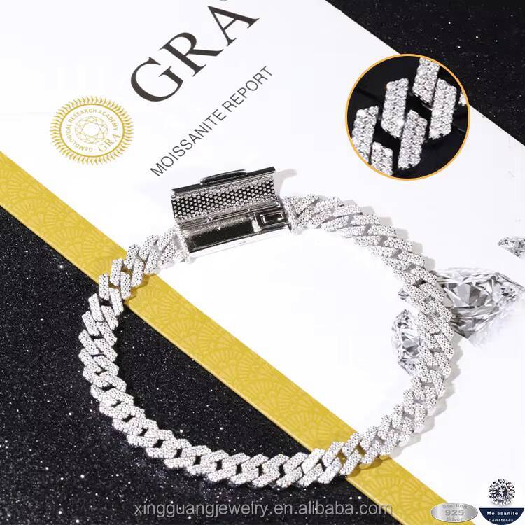Hip Hop Rapper Style 2 Rows Moissanite Cuban Bracelet 815MM 925 Silver Stylish Iced Out Cuban Lidynamic Chain Jewelry Men Women