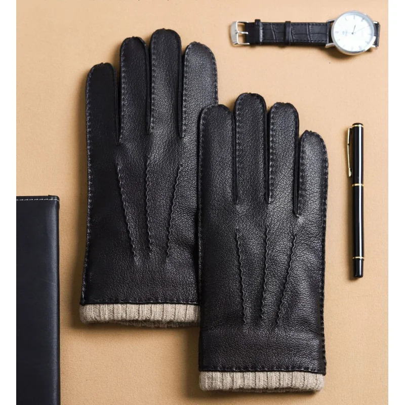 High Quality Men Genuine Sheepskin Leather Gloves Winter Warm wool Lined Touch Screen Full Finger Driving Motorcycle Gloves 251021
