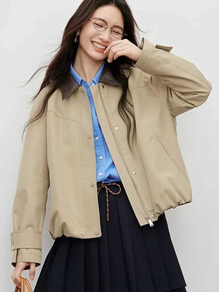 Korean Fashion Spliced Outerwears Women Casual Lapel Neck Zipper Loose Jackets Tops Spring Fall Long Sleeve Chaquetas Blusas New Y251105