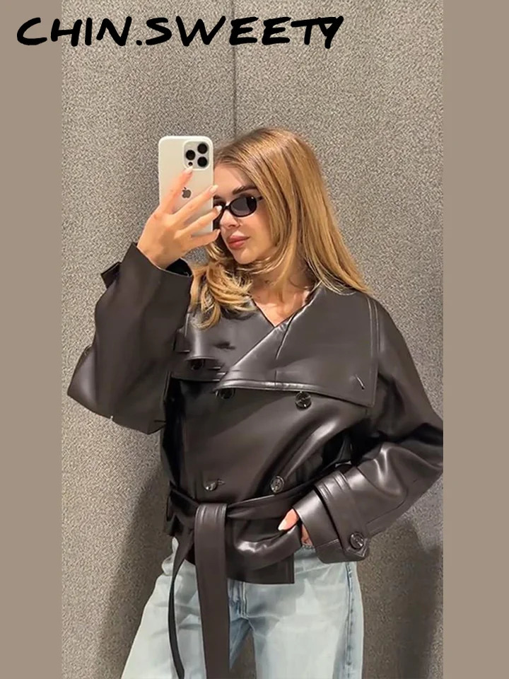 Elegant Vneck Lace Up Leather Jacket Women Double Breasted Long Sleeves Jackets Female Autumn Winter Highstreet Lady Coats 251020